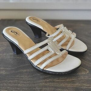 SoftWalk ivory patent leather-lined strappy mule sandals